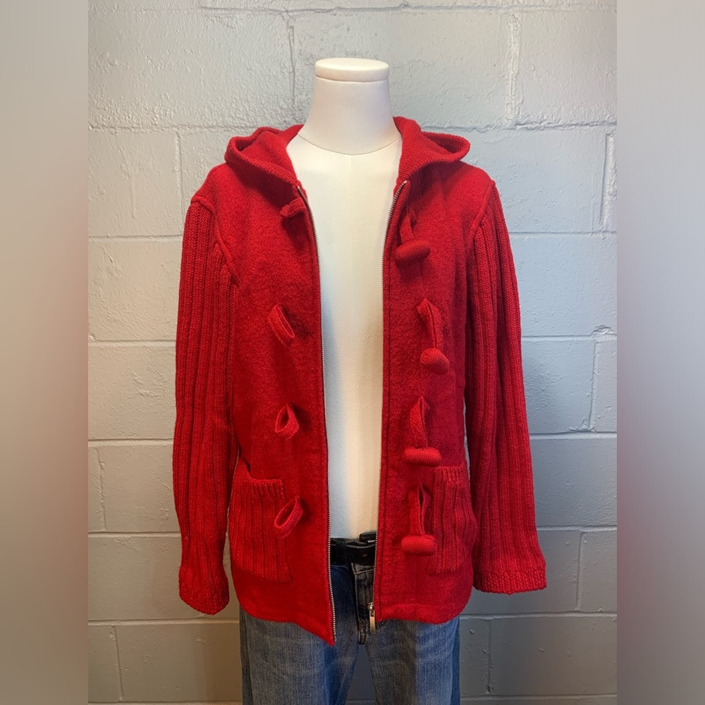 Coldwater Creek Red Boiled Wool Full Zip Cardigan Hooded Sweater Women's Small - Picture 2 of 7